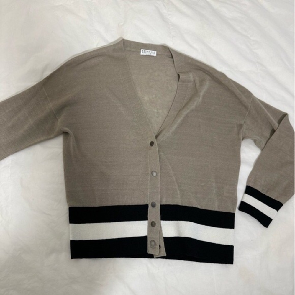 Brunello Cucinelli Linen V Neck Stripe Cardigan XS